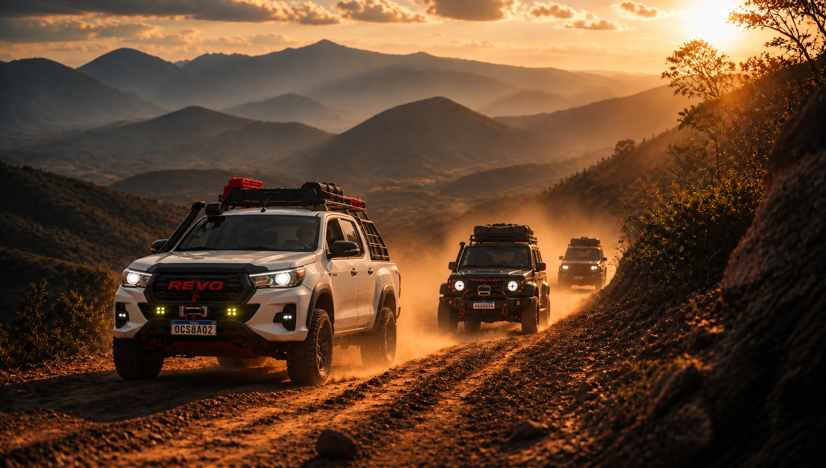 Comboio de veículos 4x4 percorrendo uma estrada de terra na serra ao pôr do sol