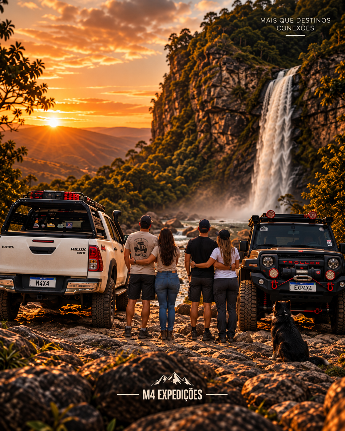 Veículo 4x4 em trilha diante de uma cachoeira na mata